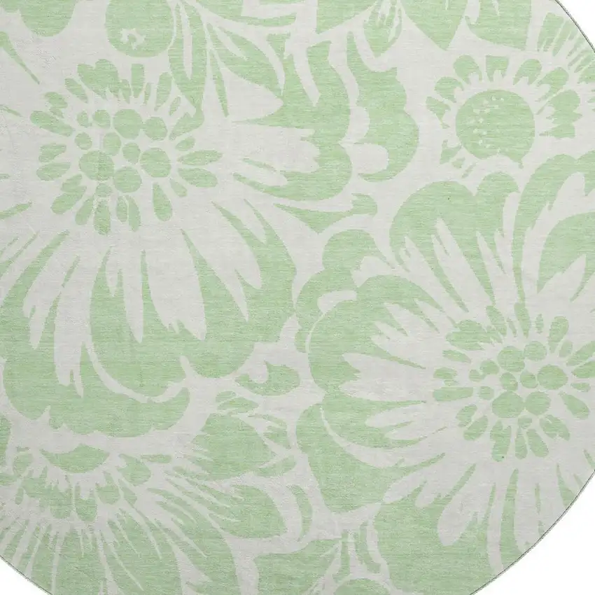 8' Mint Green And Ivory Floral Washable Round Rug With UV Protection Photo 3