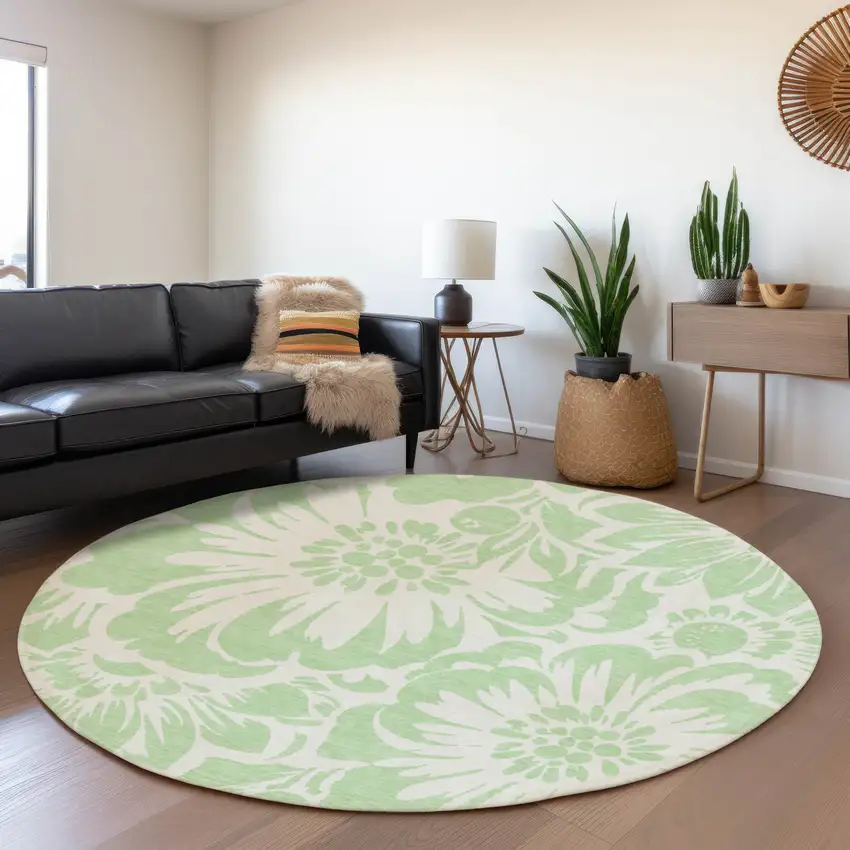 8' Mint Green And Ivory Floral Washable Round Rug With UV Protection Photo 5