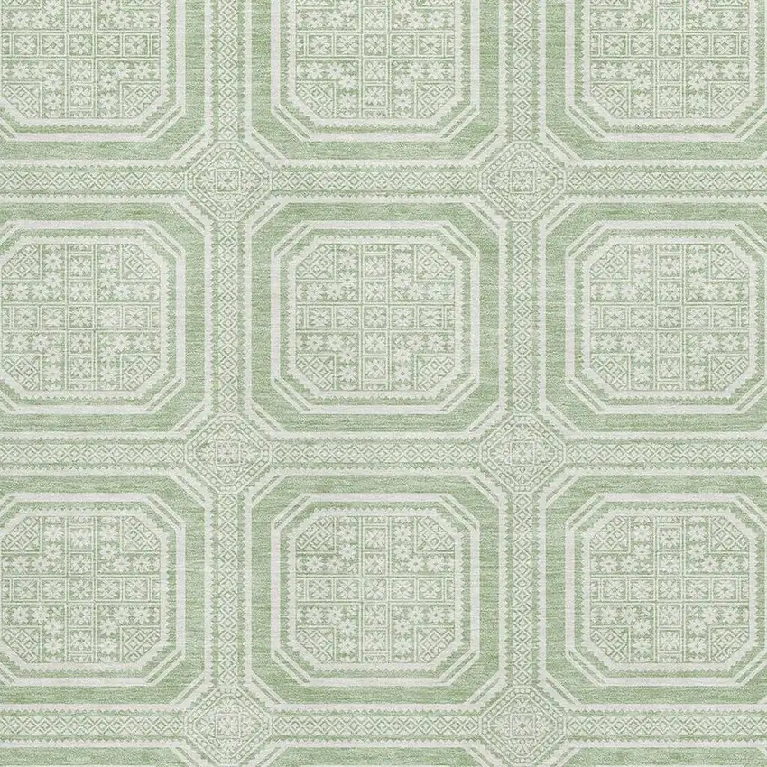 8' Mint Green And Ivory Geometric Washable Area Rug With UV Protection Photo 2