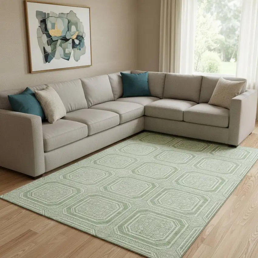 8' Mint Green And Ivory Geometric Washable Area Rug With UV Protection Photo 2