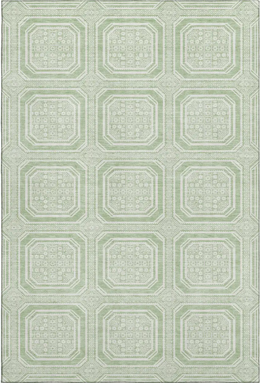 8' Mint Green And Ivory Geometric Washable Area Rug With UV Protection Photo 1
