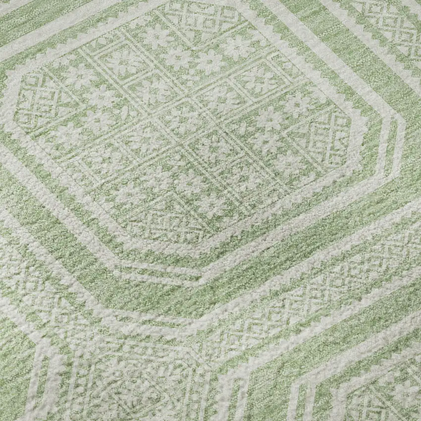 8' Mint Green And Ivory Geometric Washable Area Rug With UV Protection Photo 9