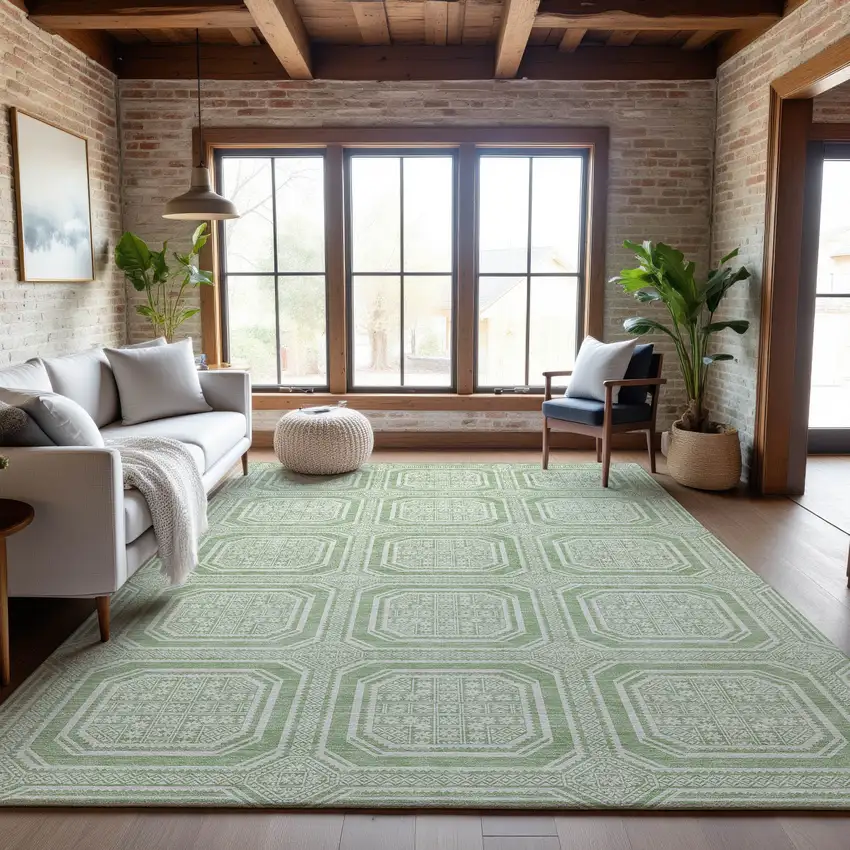 8' Mint Green And Ivory Geometric Washable Area Rug With UV Protection Photo 5
