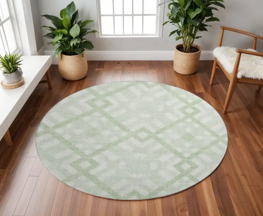 8' Mint Green And Ivory Geometric Washable Round Rug With UV Protection Photo 2