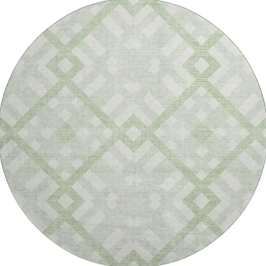 8' Mint Green And Ivory Geometric Washable Round Rug With UV Protection Photo 3