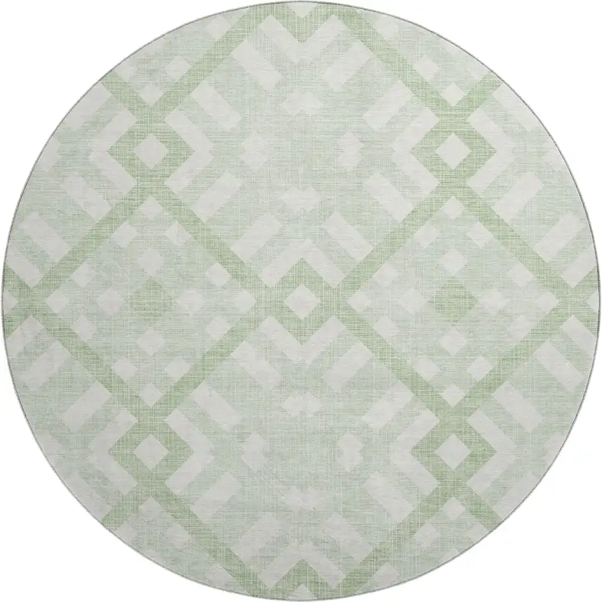 8' Mint Green And Ivory Geometric Washable Round Rug With UV Protection Photo 1
