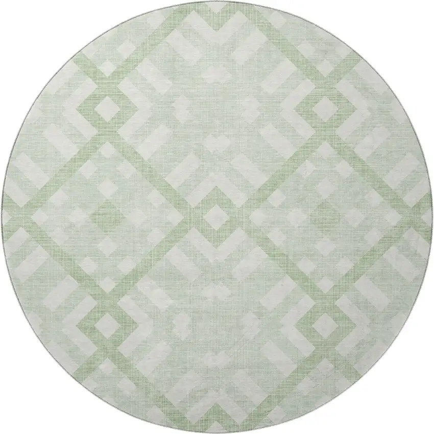 8' Mint Green And Ivory Geometric Washable Round Rug With UV Protection Photo 4