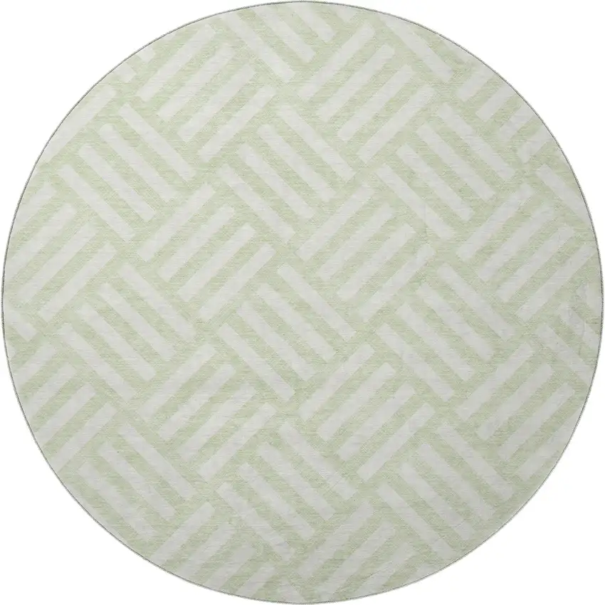 8' Mint Green And Ivory Geometric Washable Round Rug With UV Protection Photo 4