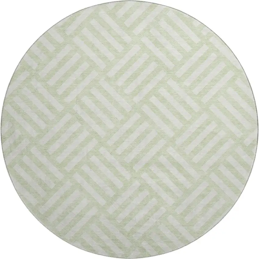 8' Mint Green And Ivory Geometric Washable Round Rug With UV Protection Photo 1
