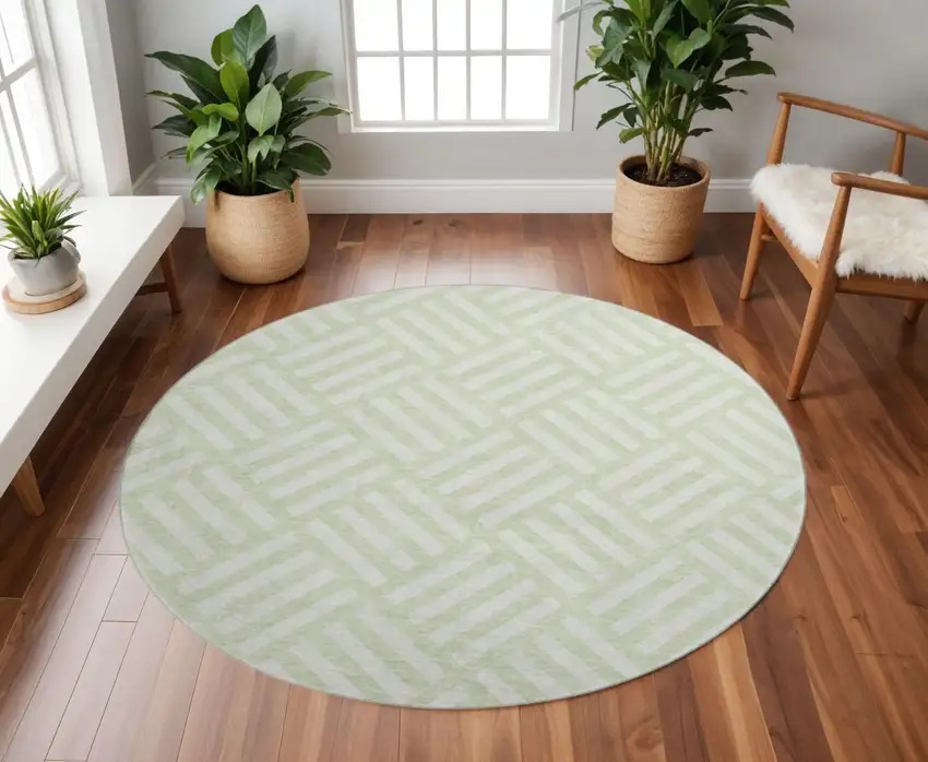 8' Mint Green And Ivory Geometric Washable Round Rug With UV Protection Photo 2