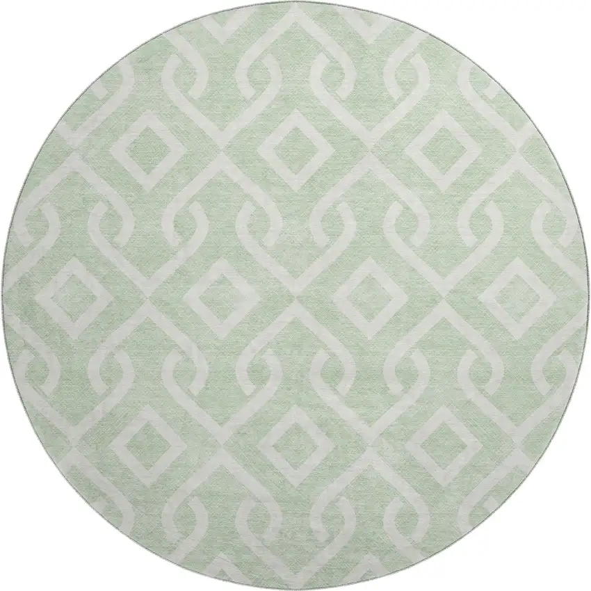 8' Mint Green And Ivory Geometric Washable Round Rug With UV Protection Photo 1