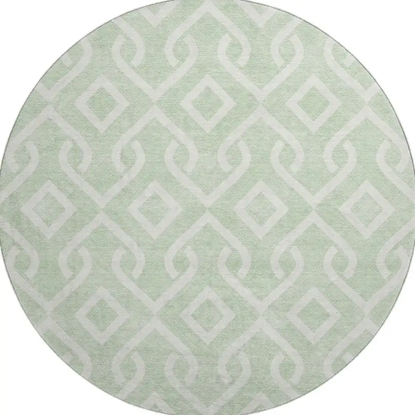 8' Mint Green And Ivory Geometric Washable Round Rug With UV Protection Photo 3