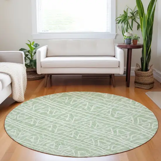 8' Mint Green And Ivory Geometric Washable Round Rug With UV Protection Photo 5