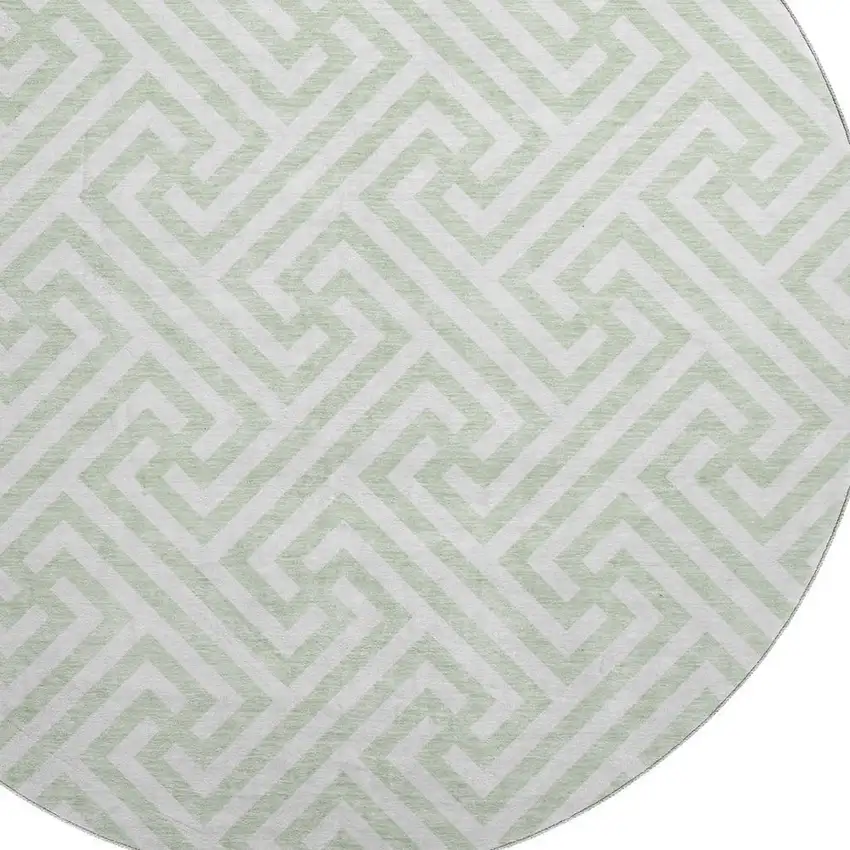 8' Mint Green And Ivory Geometric Washable Round Rug With UV Protection Photo 3