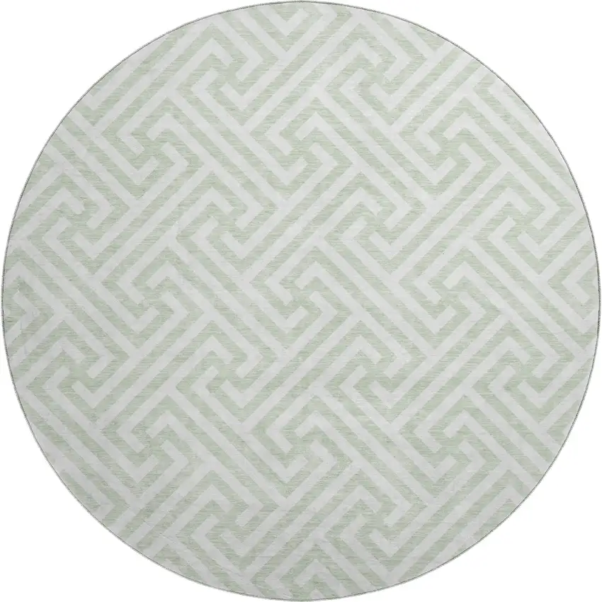 8' Mint Green And Ivory Geometric Washable Round Rug With UV Protection Photo 1