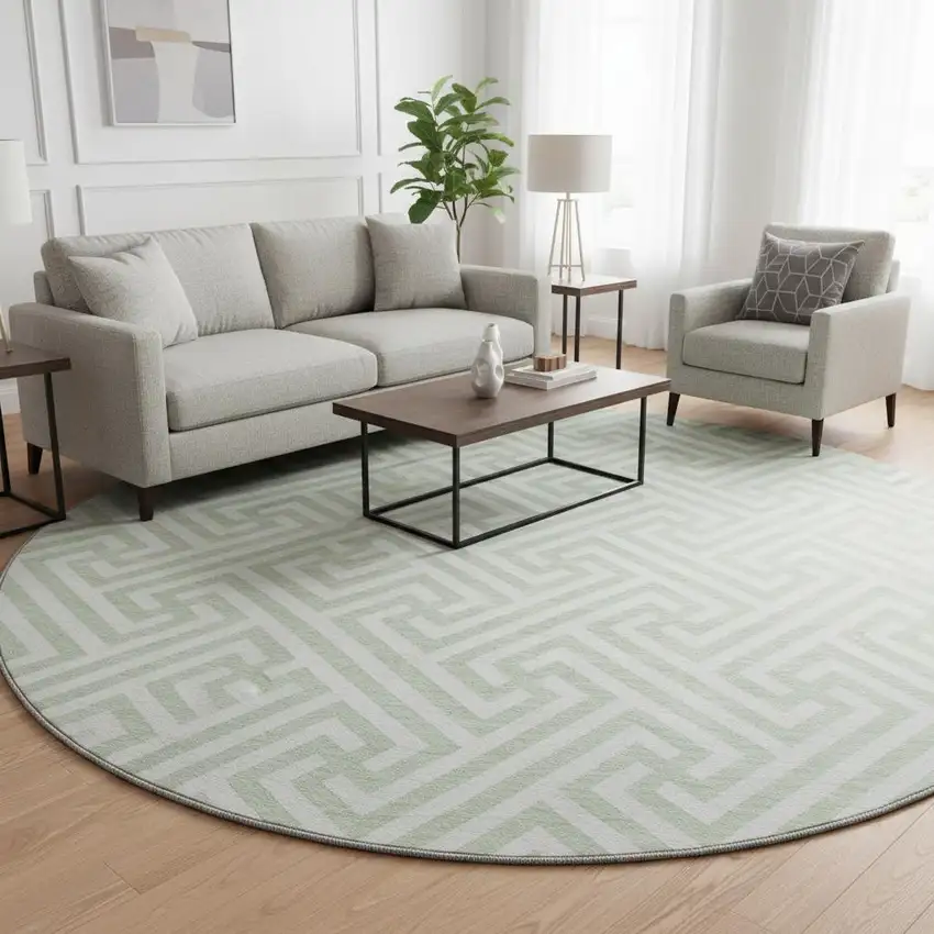 8' Mint Green And Ivory Geometric Washable Round Rug With UV Protection Photo 2