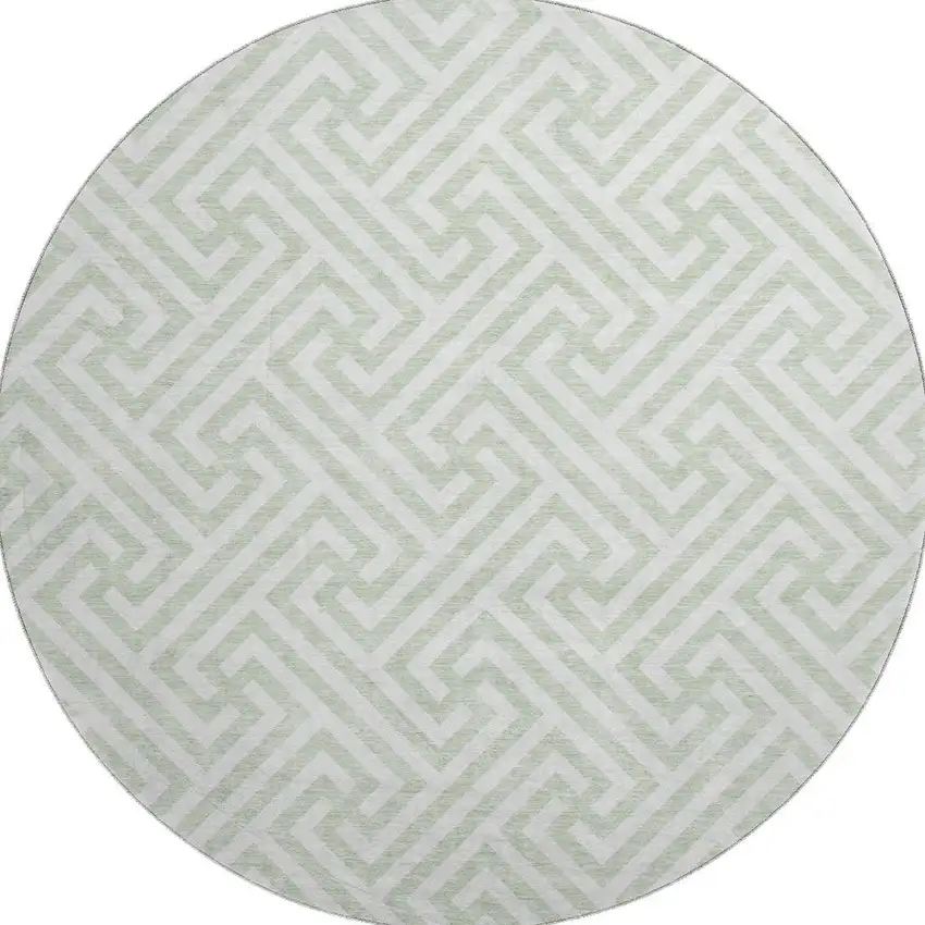 8' Mint Green And Ivory Geometric Washable Round Rug With UV Protection Photo 4