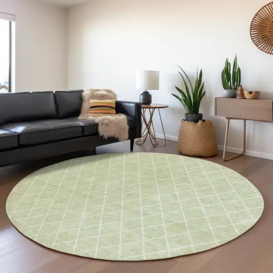 8' Mint Green And Ivory Geometric Washable Round Rug With UV Protection Photo 4