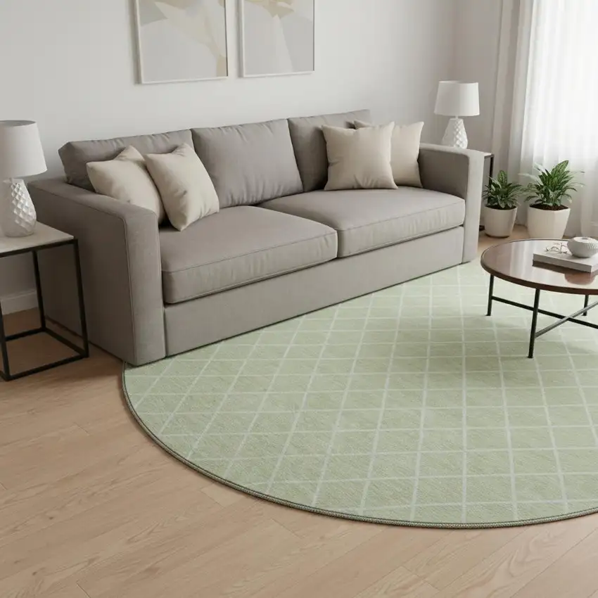 8' Mint Green And Ivory Geometric Washable Round Rug With UV Protection Photo 2