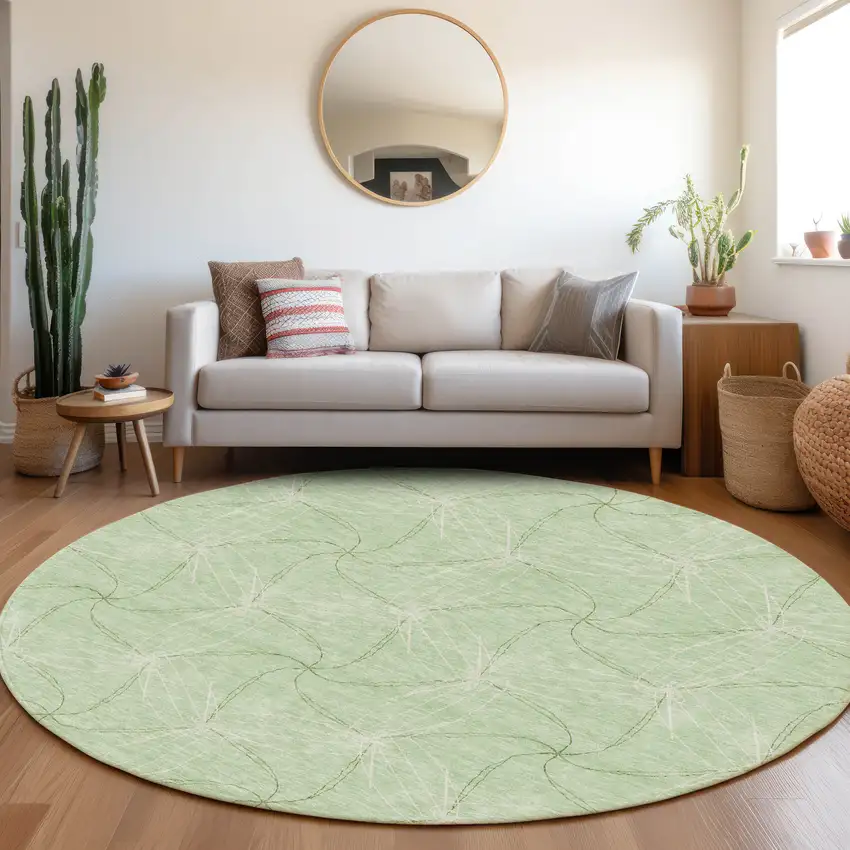 8' Mint Green And Ivory Geometric Washable Round Rug With UV Protection Photo 4