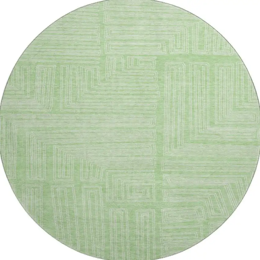 8' Mint Green And Ivory Geometric Washable Round Rug With UV Protection Photo 3