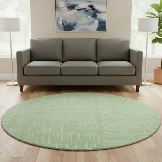 8' Mint Green And Ivory Geometric Washable Round Rug With UV Protection Photo 2