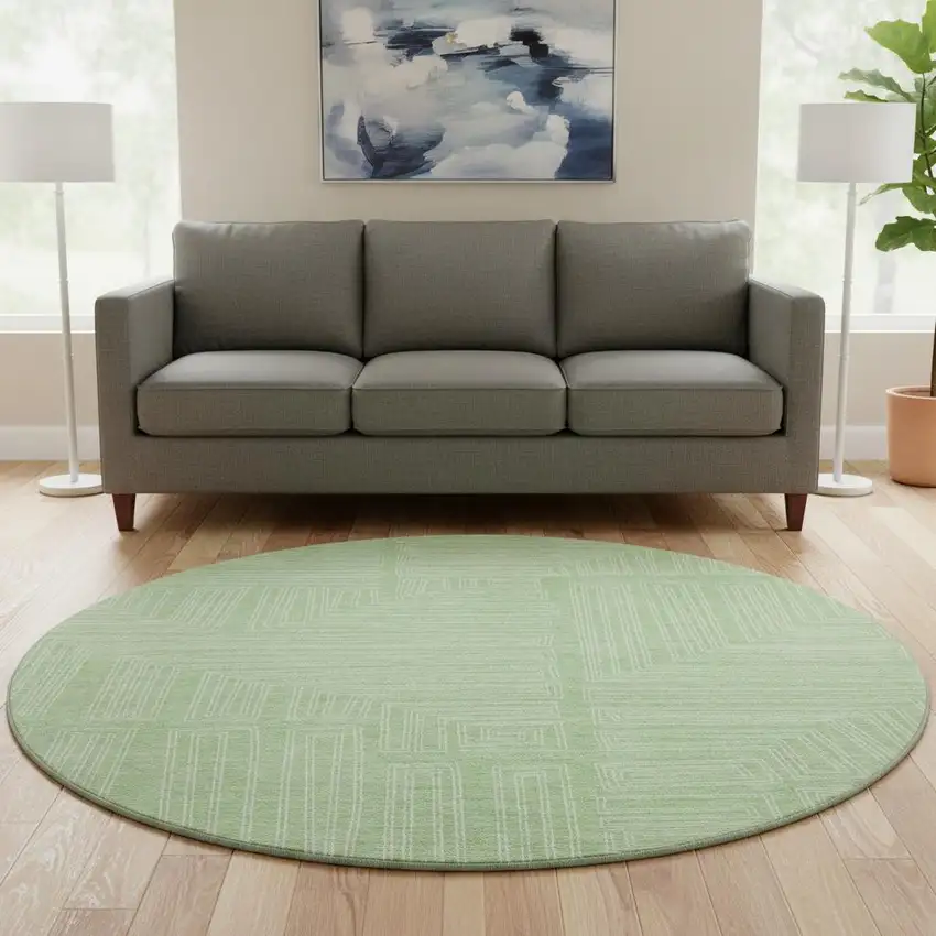 8' Mint Green And Ivory Geometric Washable Round Rug With UV Protection Photo 2