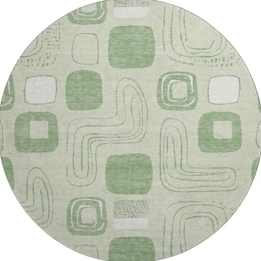8' Mint Green And Ivory Geometric Washable Round Rug With UV Protection Photo 3