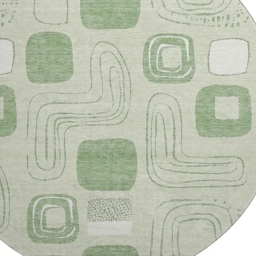 8' Mint Green And Ivory Geometric Washable Round Rug With UV Protection Photo 2