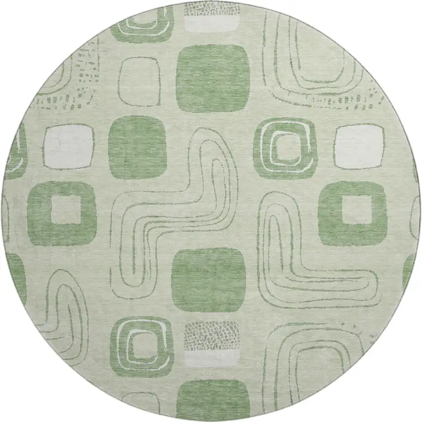 8' Mint Green And Ivory Geometric Washable Round Rug With UV Protection Photo 1