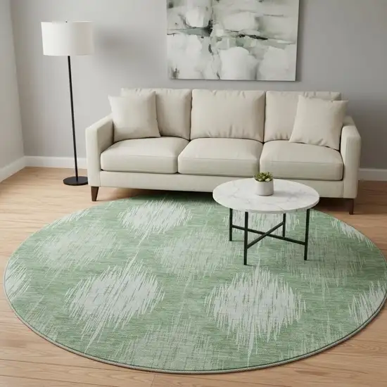 8' Mint Green And Ivory Ikat Washable Round Rug With UV Protection Photo 2