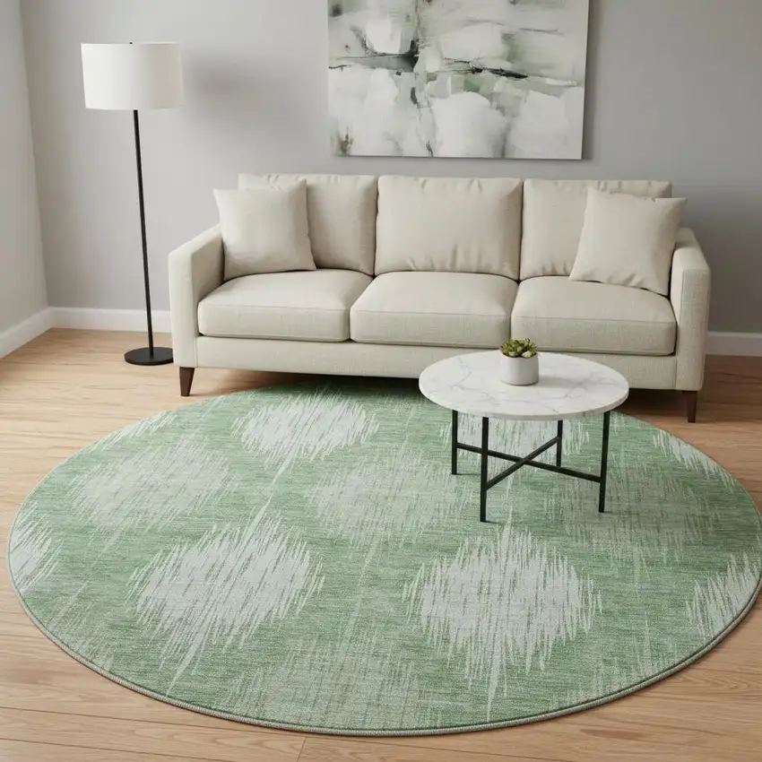 8' Mint Green And Ivory Ikat Washable Round Rug With UV Protection Photo 2