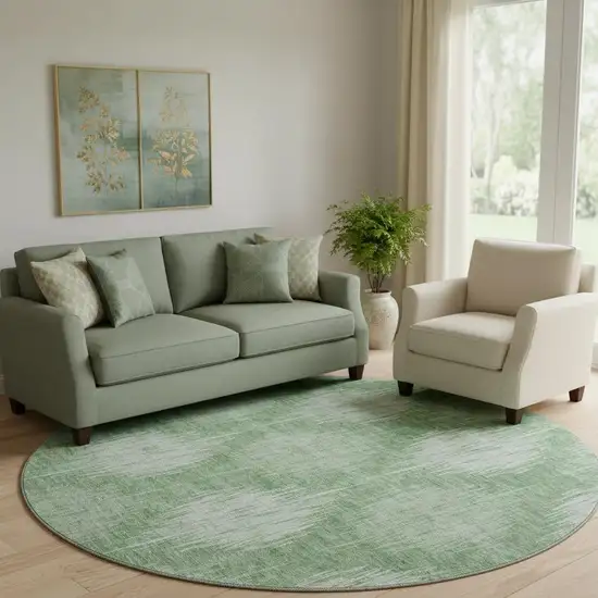 8' Mint Green And Ivory Ikat Washable Round Rug With UV Protection Photo 1