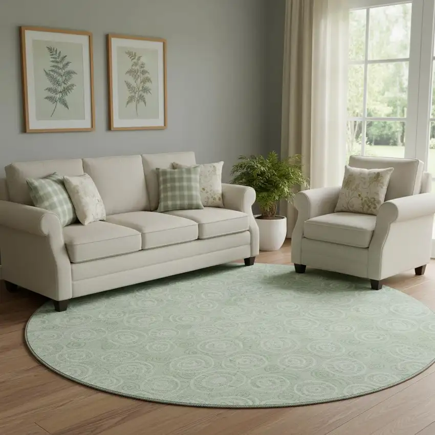 8' Mint Green And Ivory Polka Dot Washable Round Rug With UV Protection Photo 1