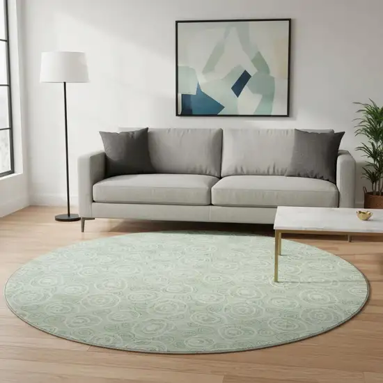 8' Mint Green And Ivory Polka Dot Washable Round Rug With UV Protection Photo 2