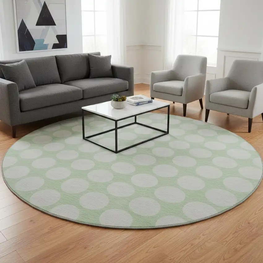 8' Mint Green And Ivory Polka Dot Washable Round Rug With UV Protection Photo 2