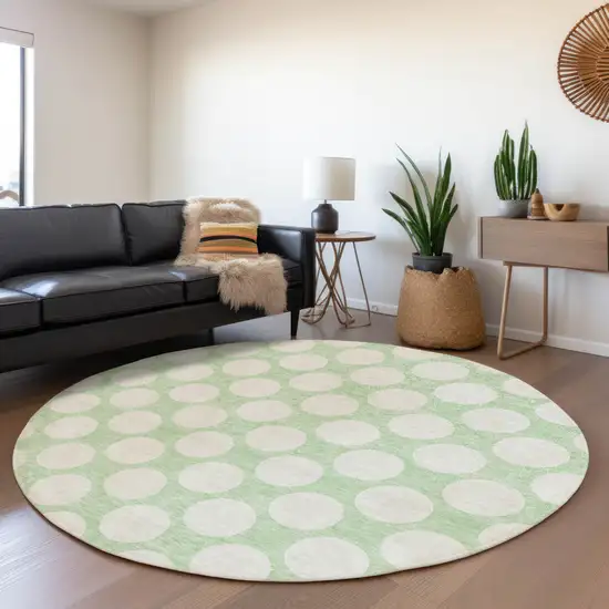 8' Mint Green And Ivory Polka Dot Washable Round Rug With UV Protection Photo 5