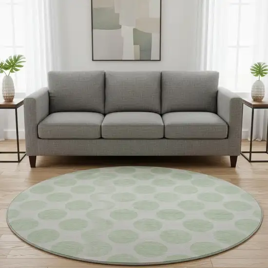 8' Mint Green And Ivory Polka Dot Washable Round Rug With UV Protection Photo 2