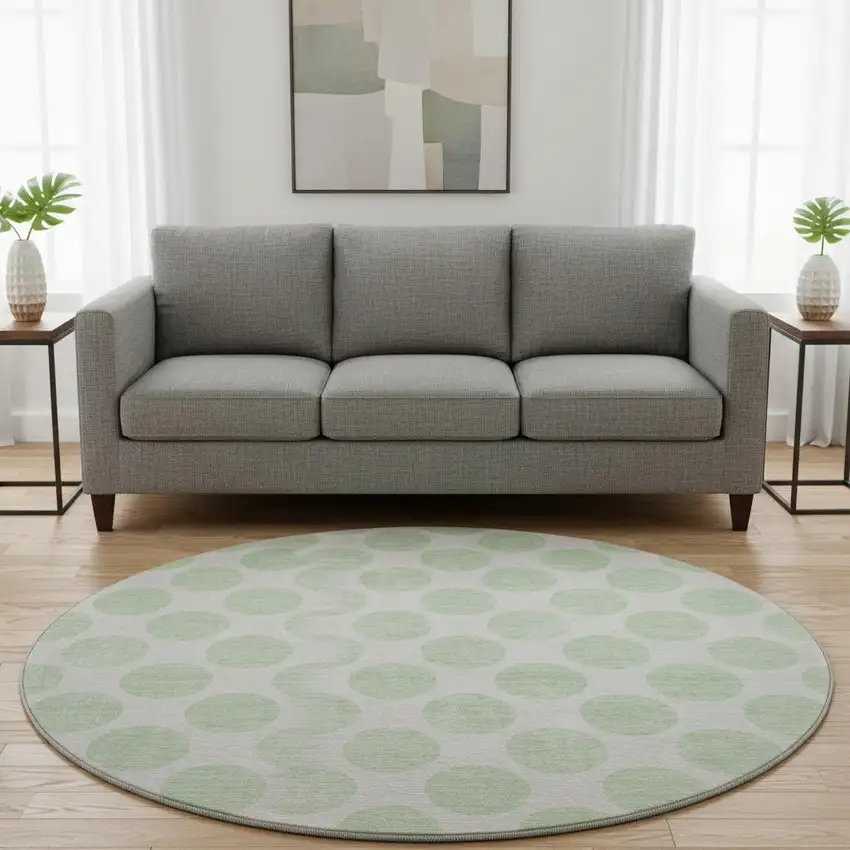 8' Mint Green And Ivory Polka Dot Washable Round Rug With UV Protection Photo 2