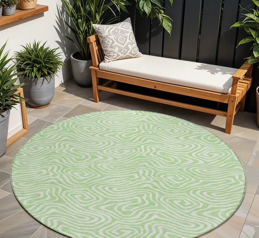 8' Mint Green And Ivory Round Abstract Washable Indoor Outdoor Area Rug Photo 1