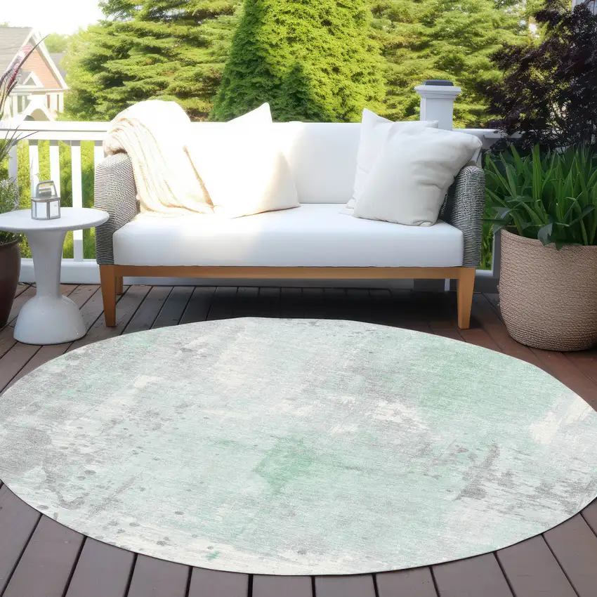 8' Mint Green And Ivory Round Abstract Washable Indoor Outdoor Area Rug Photo 5