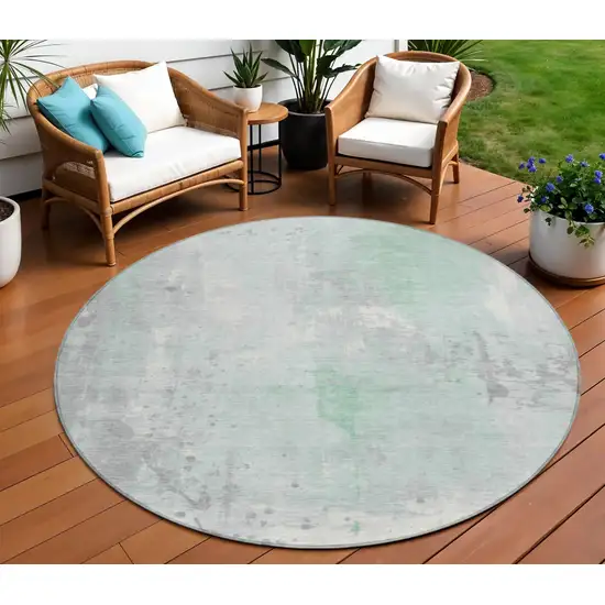 8' Mint Green And Ivory Round Abstract Washable Indoor Outdoor Area Rug Photo 2