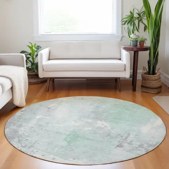 8' Mint Green And Ivory Round Abstract Washable Indoor Outdoor Area Rug Photo 6