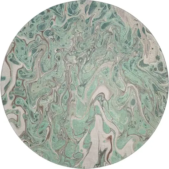 8' Mint Green And Ivory Round Abstract Washable Indoor Outdoor Area Rug Photo 2