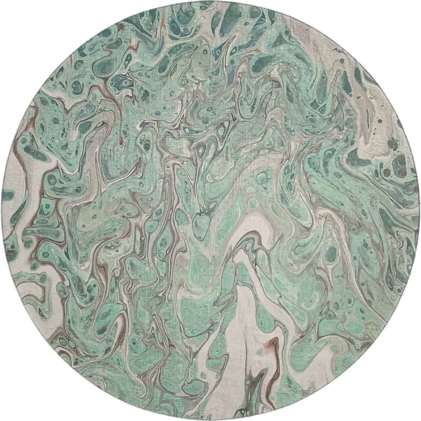 8' Mint Green And Ivory Round Abstract Washable Indoor Outdoor Area Rug Photo 2