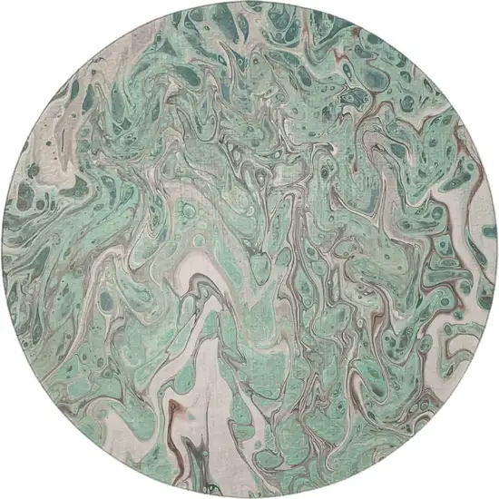 8' Mint Green And Ivory Round Abstract Washable Indoor Outdoor Area Rug Photo 5