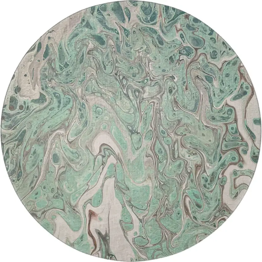 8' Mint Green And Ivory Round Abstract Washable Indoor Outdoor Area Rug Photo 5