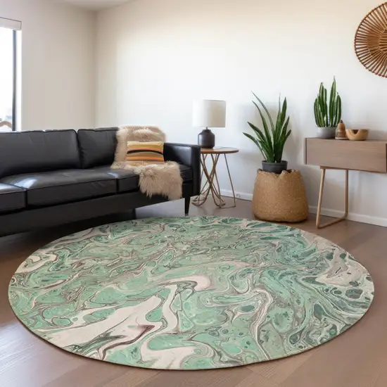 8' Mint Green And Ivory Round Abstract Washable Indoor Outdoor Area Rug Photo 7