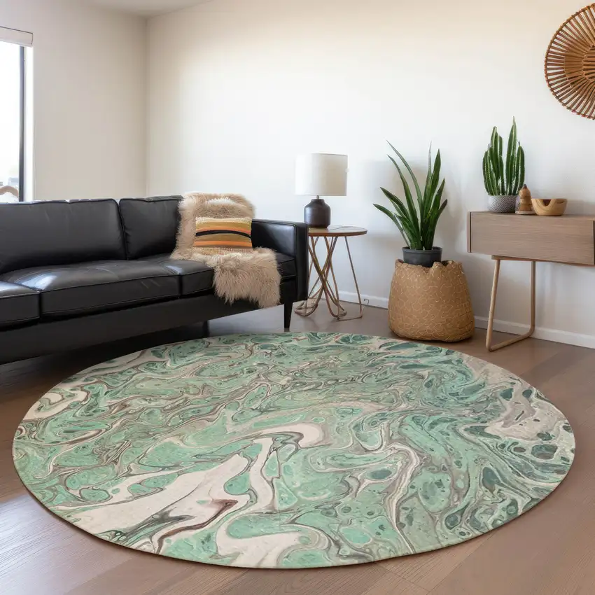 8' Mint Green And Ivory Round Abstract Washable Indoor Outdoor Area Rug Photo 7