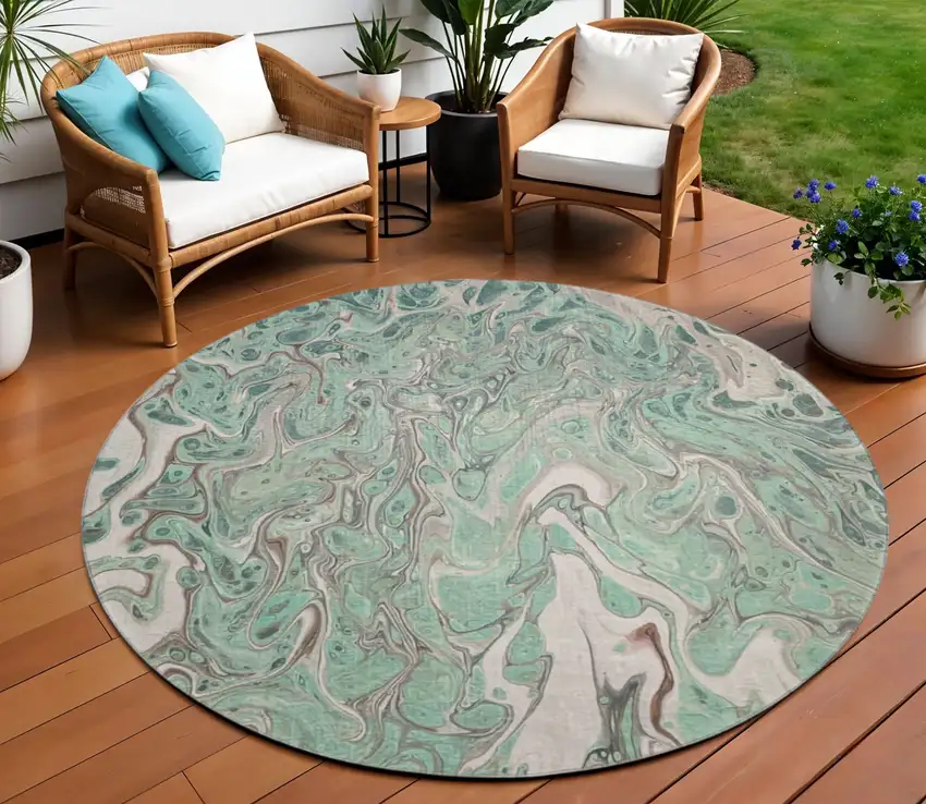 8' Mint Green And Ivory Round Abstract Washable Indoor Outdoor Area Rug Photo 1